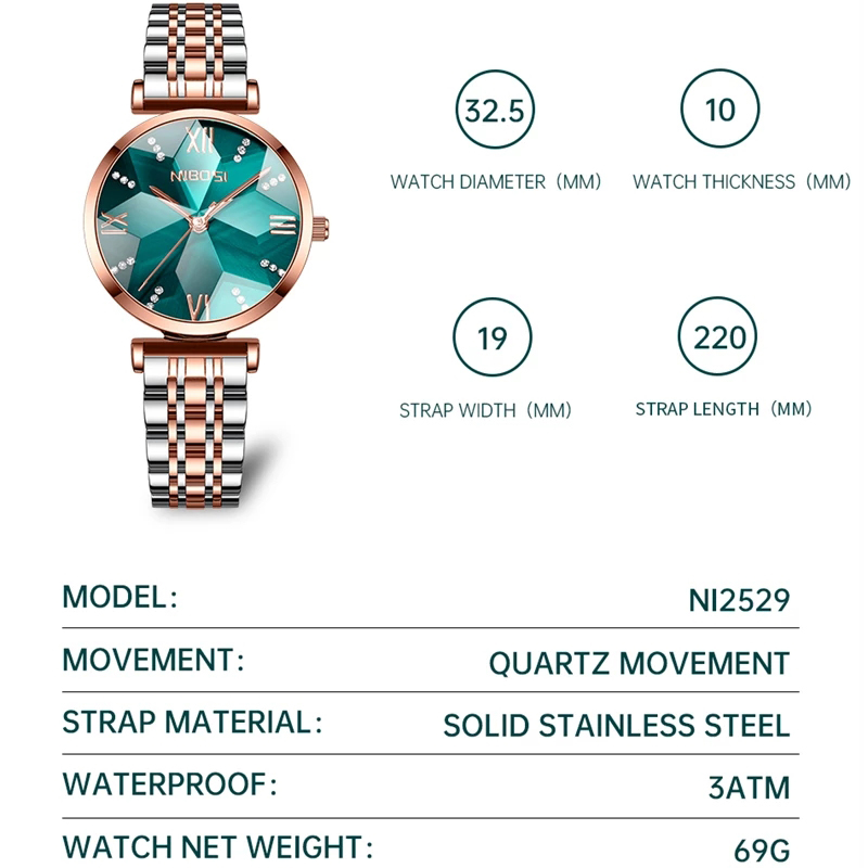 Nibosi-女性用ダイヤモンドミラー付きクォーツ時計,高級 - Luxury Zone のレビューと価格